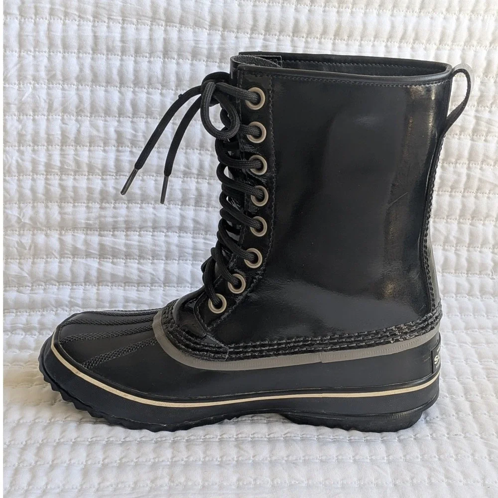 Sorel Dahlia Waterproof Patent Leather Mid Calf‎ Lace Up Snow Boots Black US 9